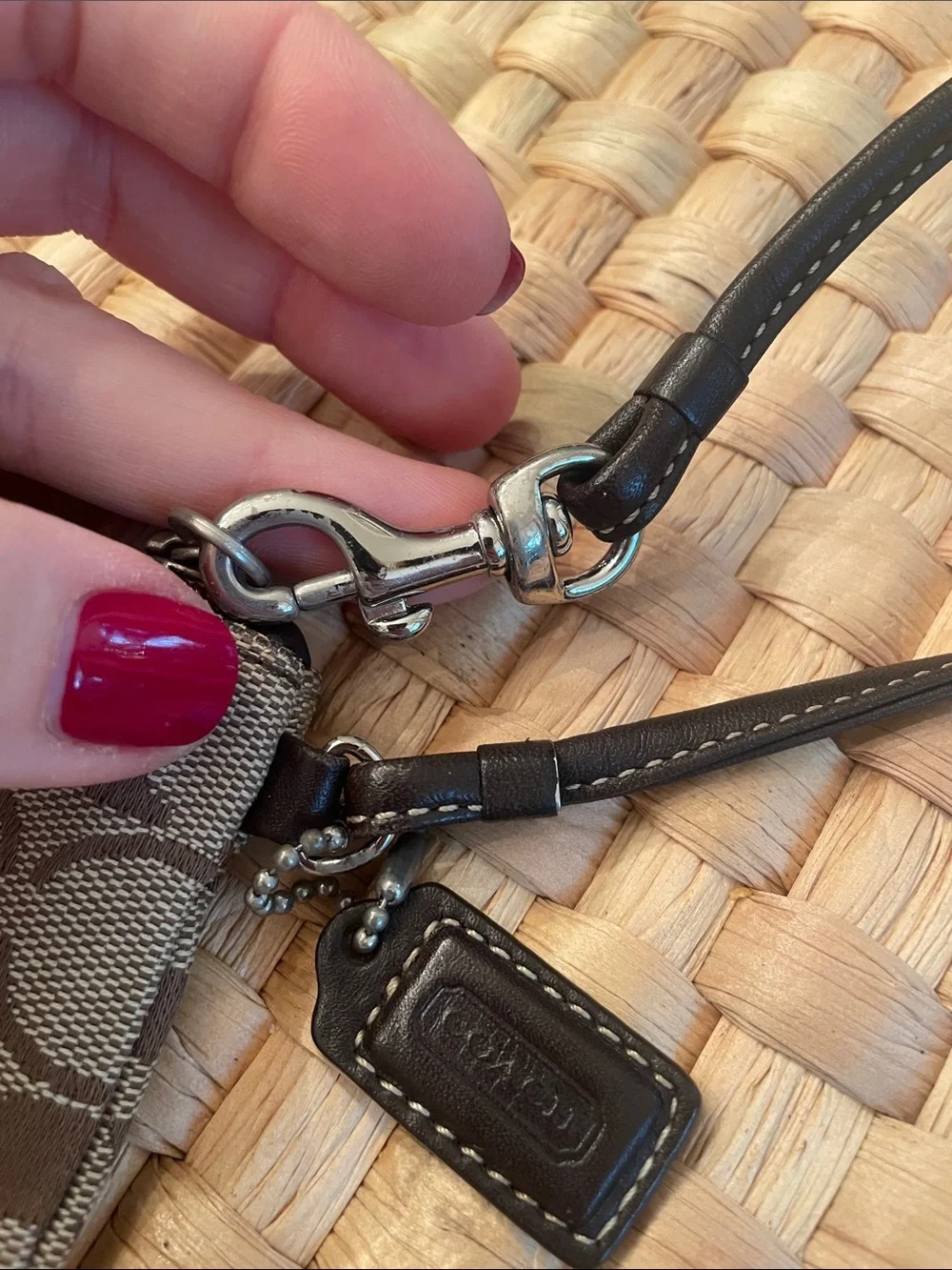 Coach Brown Signature Jacquard Wristlet with Leather Strap and Hang Tag EUC
